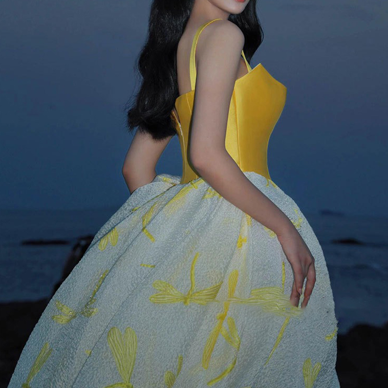 Elegant Yellow Satin Top Pagea - Embroidery Yellow Dress ulasan dan harga