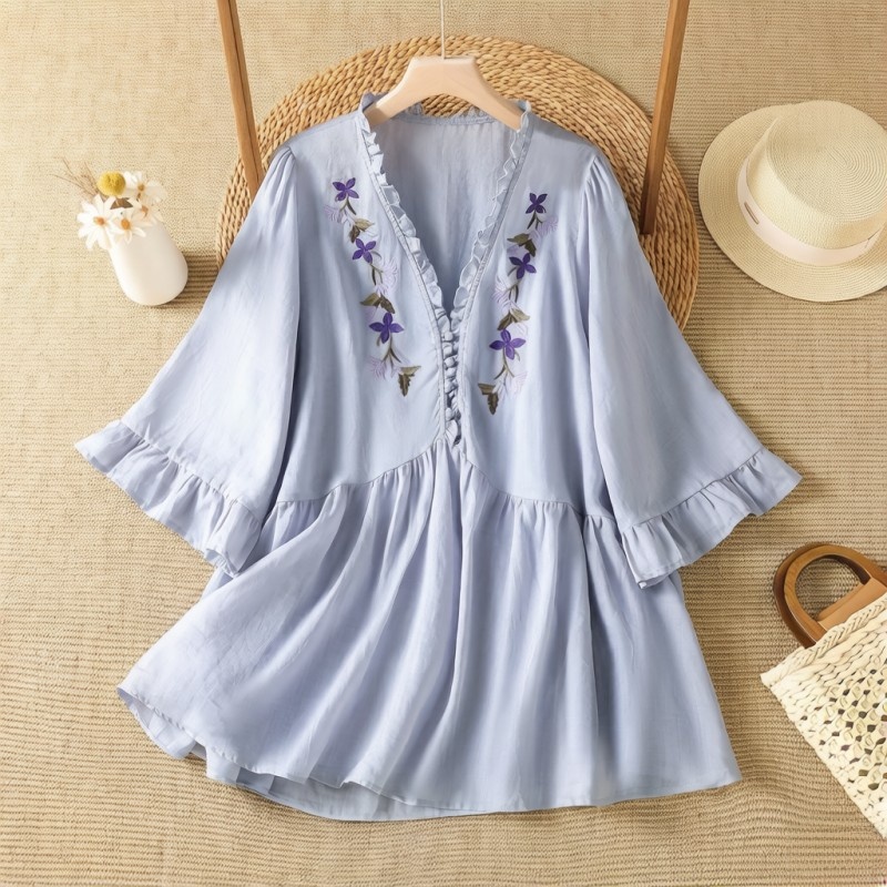 Elegant Purple Floral Embroide - Embroidery Cotton Shirt ulasan dan harga